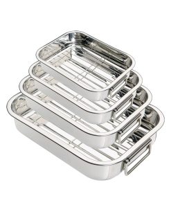 4Pcs Stainless Steel Roasting Tray Baking Dish Set Pan with Grill Rack