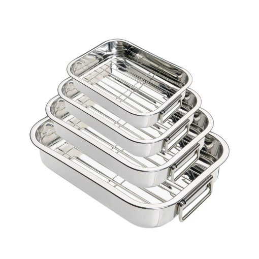 4Pcs Stainless Steel Roasting Tray Baking Dish Set Pan with Grill Rack