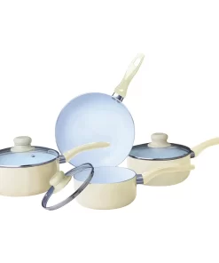 Cream Ceramic Cookware Set Saucepan Pot Fry Pan Glass Lid