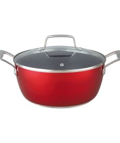 Metallic Red Non Stick Casserole Cooking Pot Glass Lid 24cm